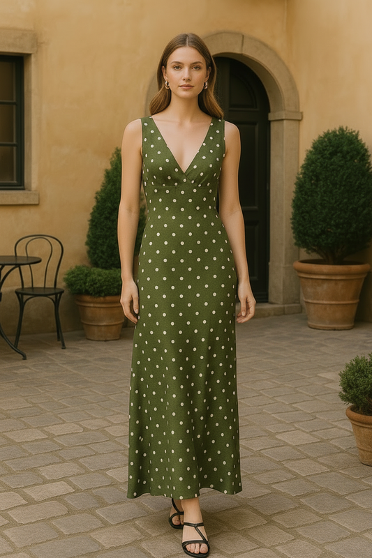 UV Atelier – Polka Dot Chiffon V-Neck Dress