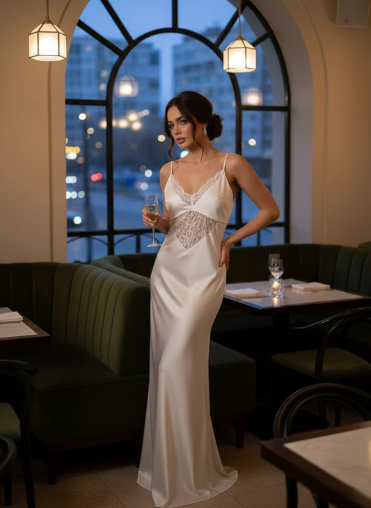 UV Atelier – Lace-Panel Satin Gown
