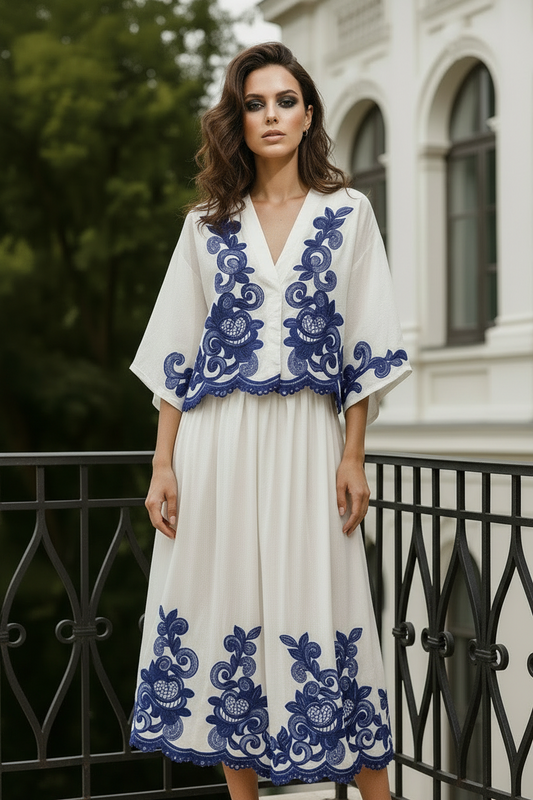 UV Atelier – Embroidered Casual Blouse & Midi Skirt Set