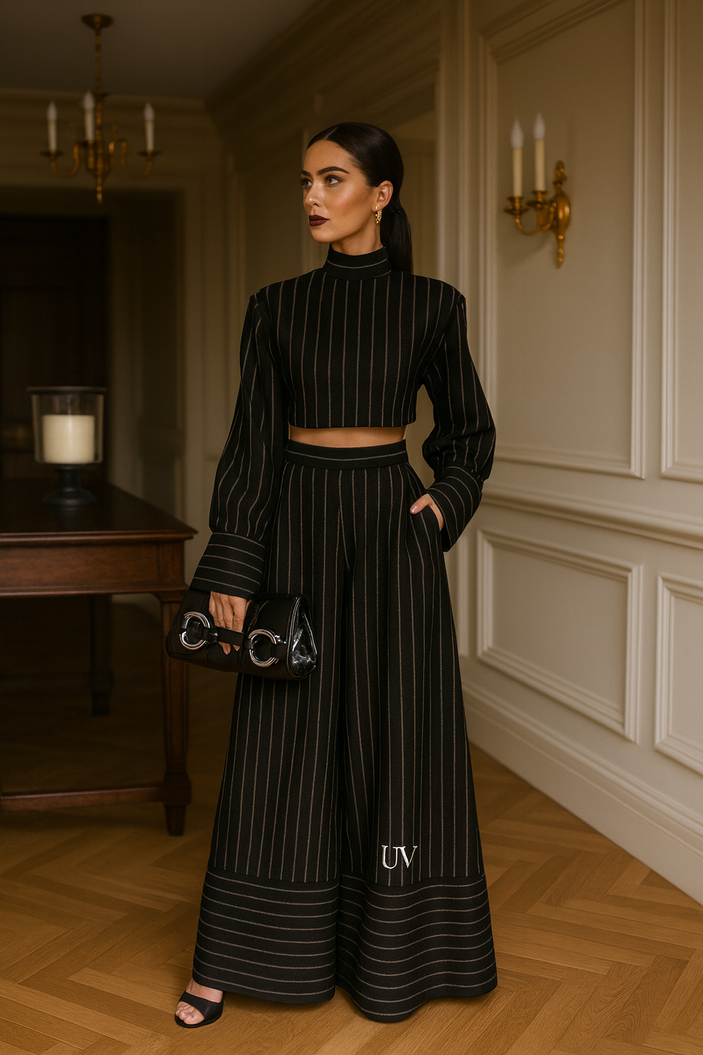 UV Atelier – Striped High-Neck Blouse & Wide-Leg Trouser Set