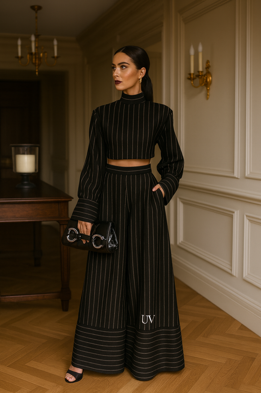 UV Atelier – Striped High-Neck Blouse & Wide-Leg Trouser Set