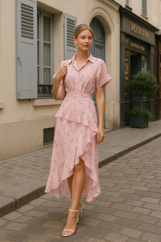 UV Atelier – Elegant Floral Lapel Ruffle Shirt Dress