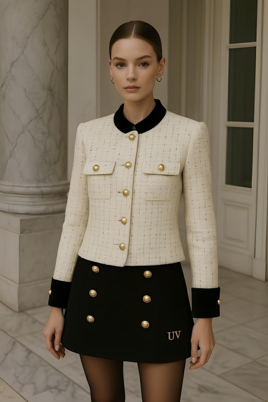 UV Atelier – Vintage-Inspired Tweed Jacket & Skirt Set