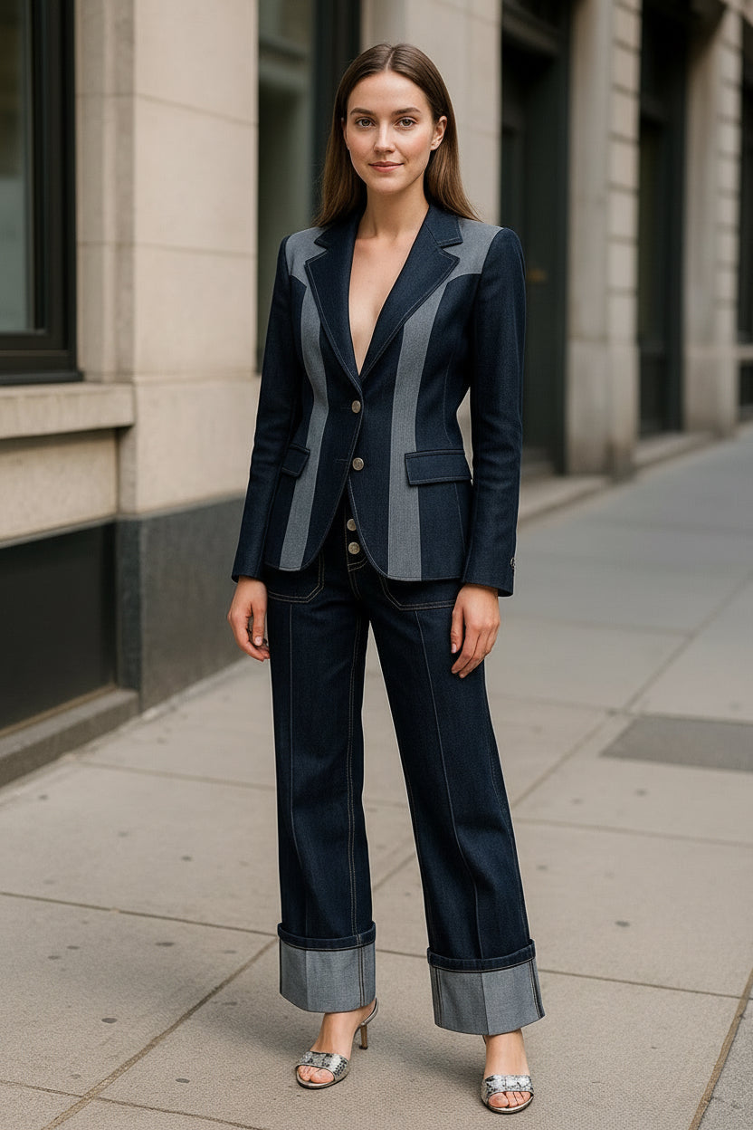UV Atelier – Patchwork Denim Jacket & Wide-Leg Pants Set