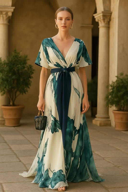 UV Atelier – Elegant V-Neck Maxi Dress with Lace-Up Waist