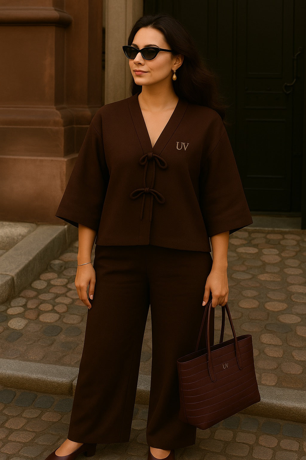 UV Atelier – V-Neck Tie-Front Top and Pleated Pants Set