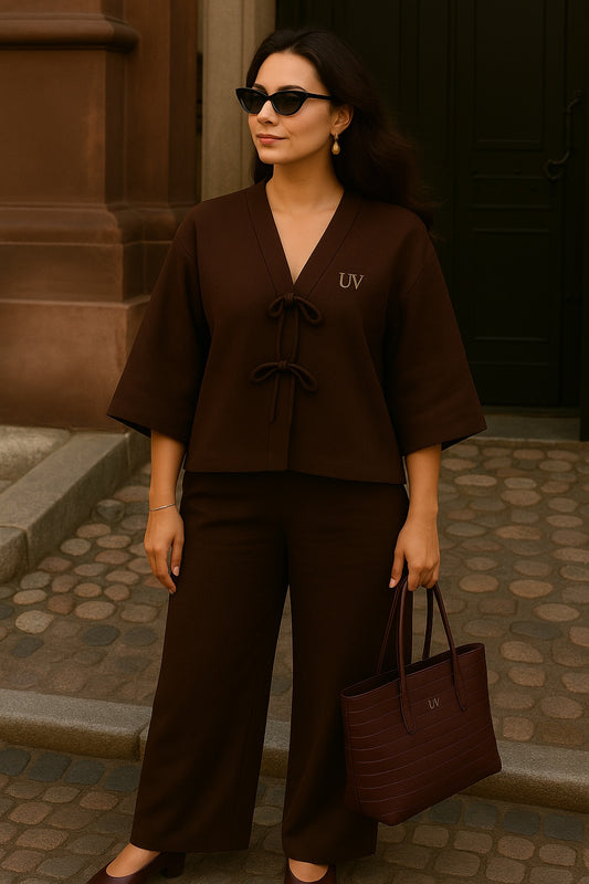 UV Atelier – V-Neck Tie-Front Top and Pleated Pants Set