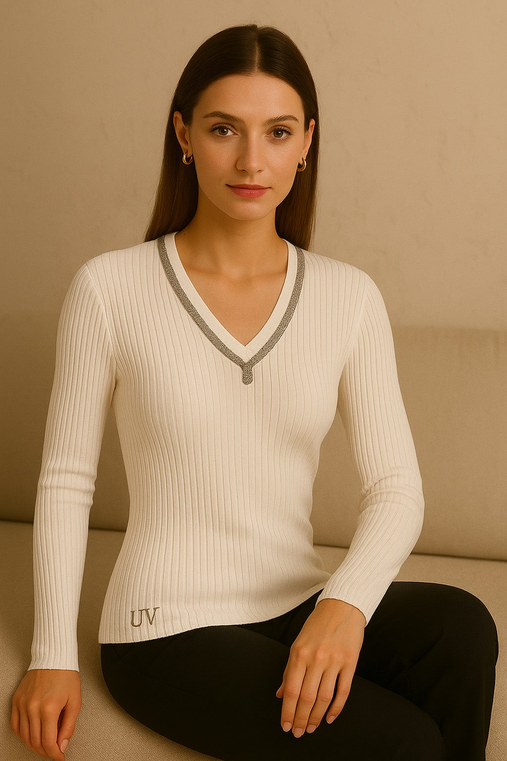 UV Atelier – Merino Wool Knit V-Neck Sweater with Pearl Detailing