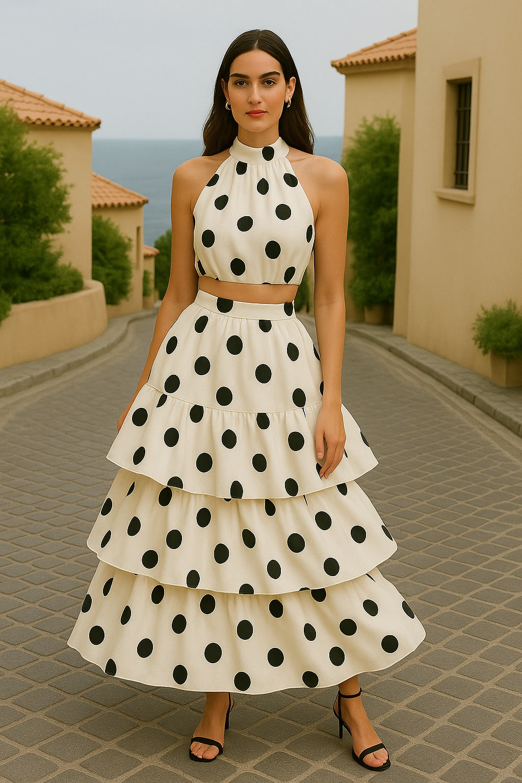 UV Atelier – Polka Dot Tiered Midi Set with Halter Top