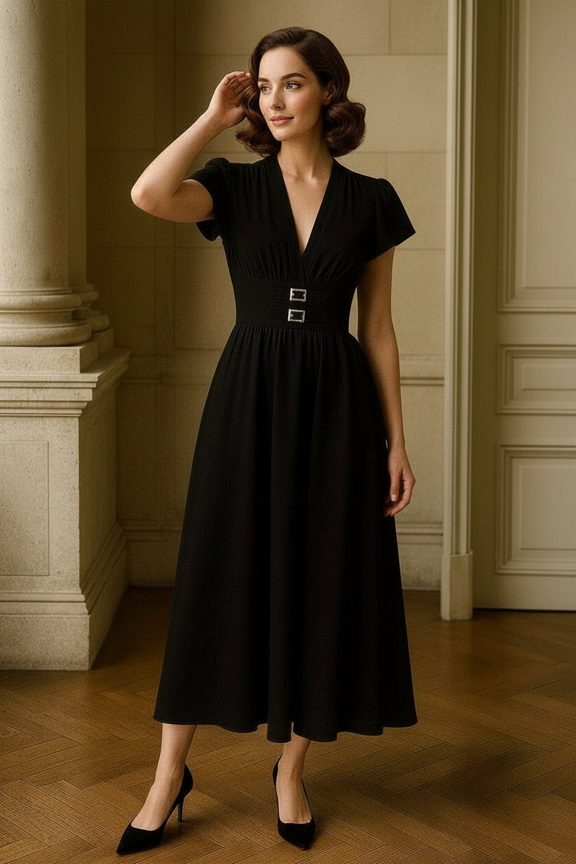UV Atelier – Long Hepburn-Style V-Neck Dress