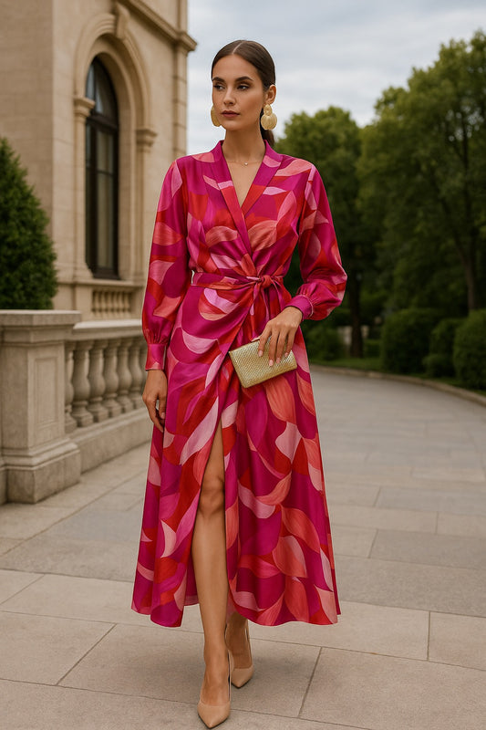 UV Atelier – Printed Long-Sleeve V-Neck Split Maxi Dress
