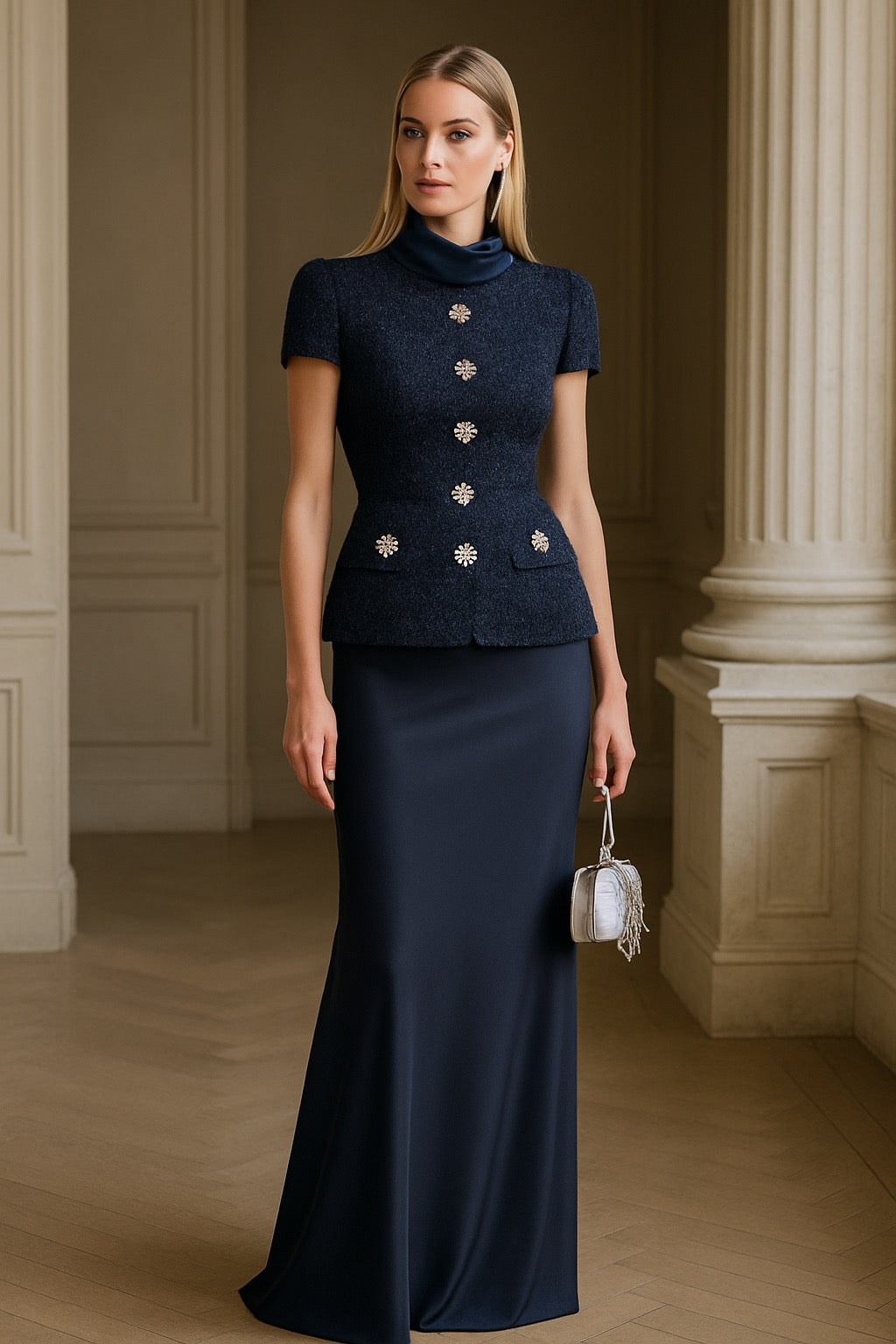 UV Atelier – Luxury Tweed & Satin Maxi Dress