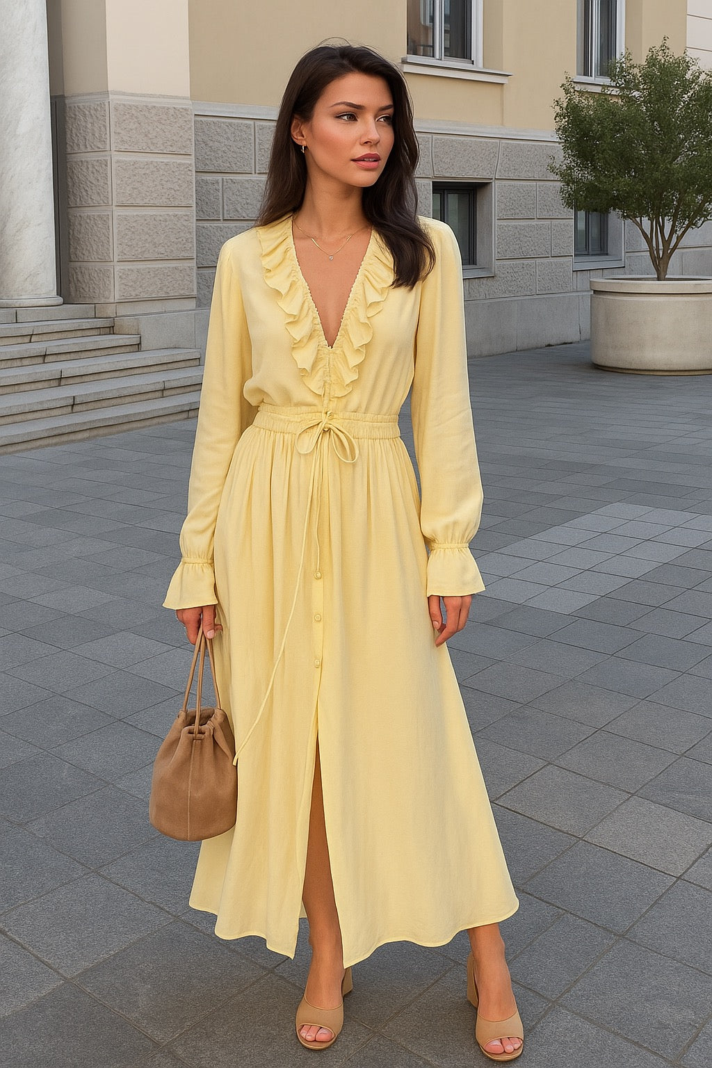 UV Atelier – V-Neck Lace-Up Blouse & High-Waist Maxi Skirt Set