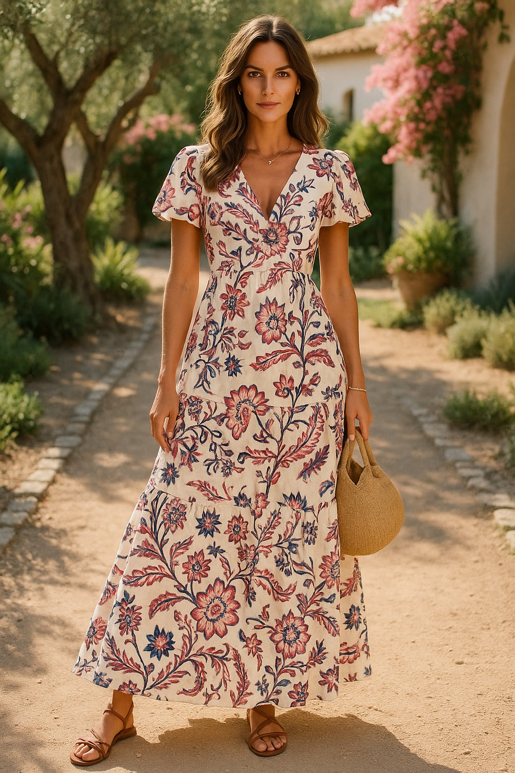 V Atelier – Short-Sleeve V-Neck Maxi Dress