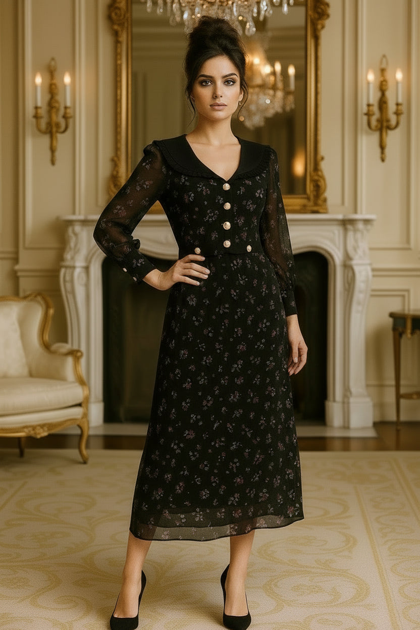 UV Atelier – Vintage Long-Sleeve Patchwork Midi Dress