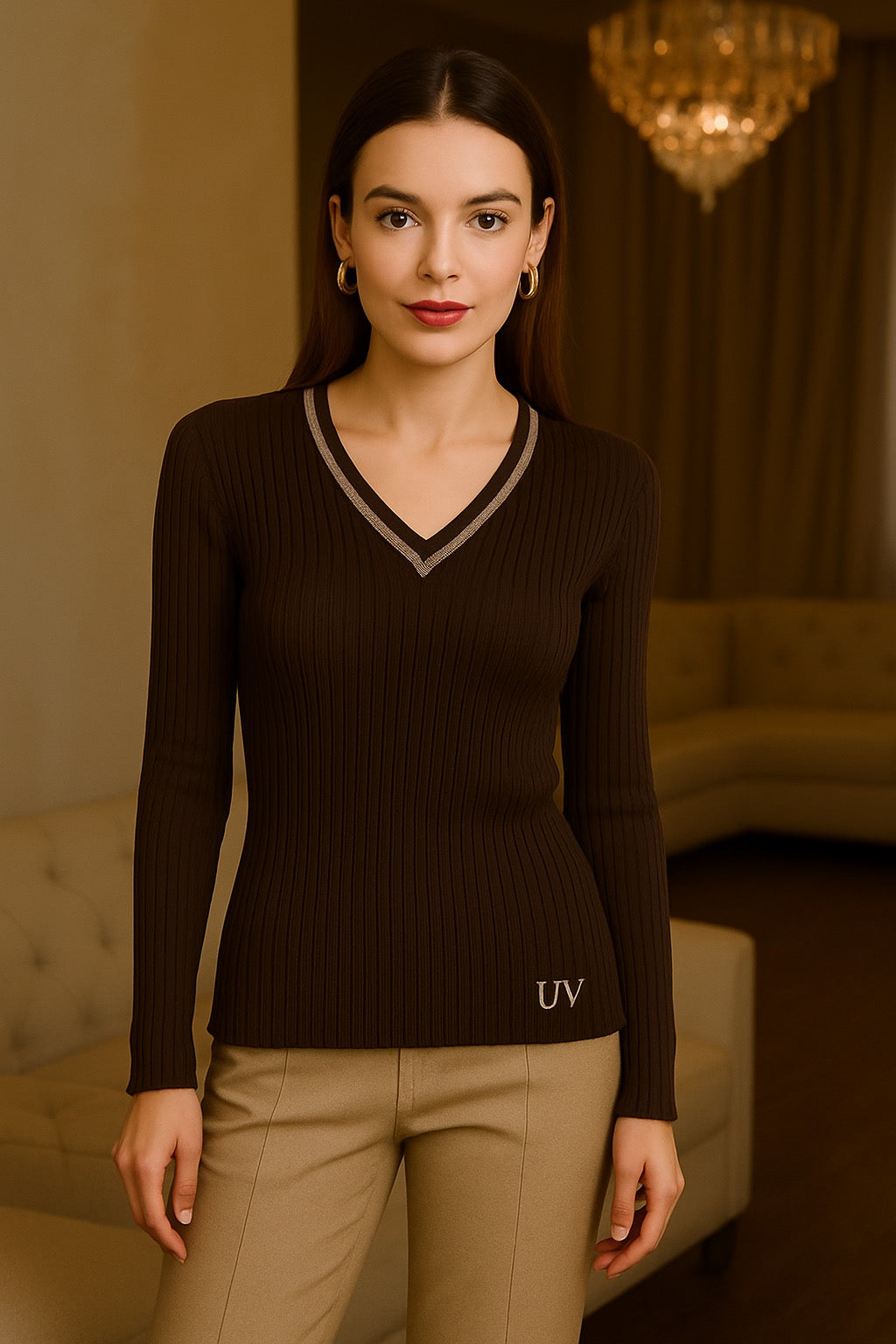 UV Atelier – Merino Wool Knit V-Neck Sweater with Pearl Detailing