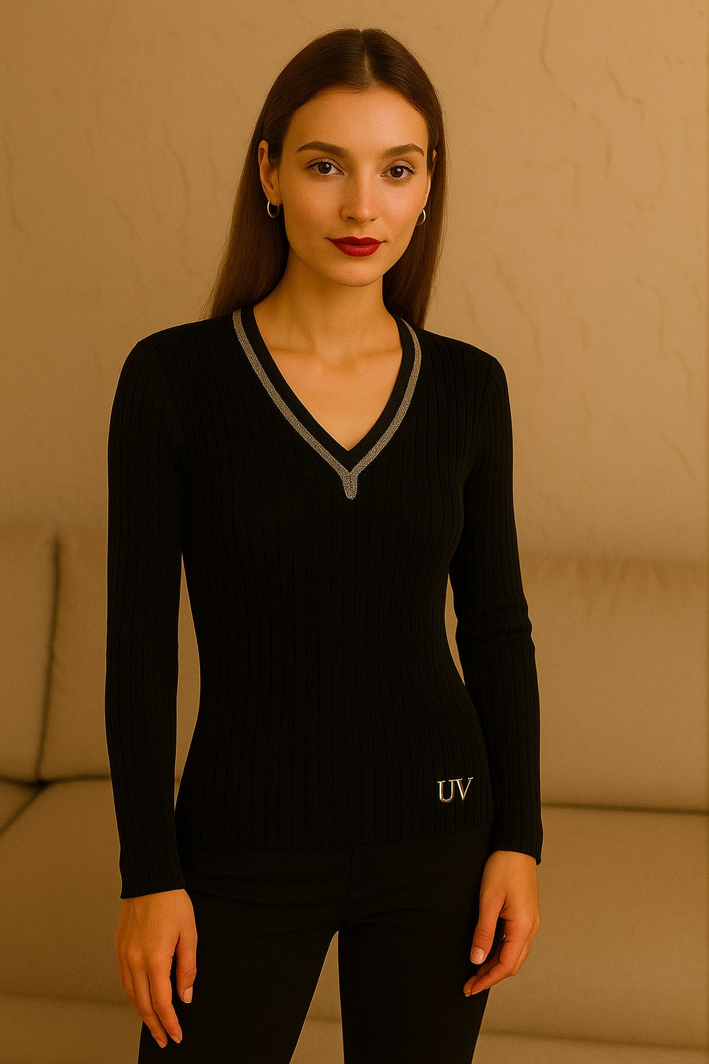 UV Atelier – Merino Wool Knit V-Neck Sweater with Pearl Detailing