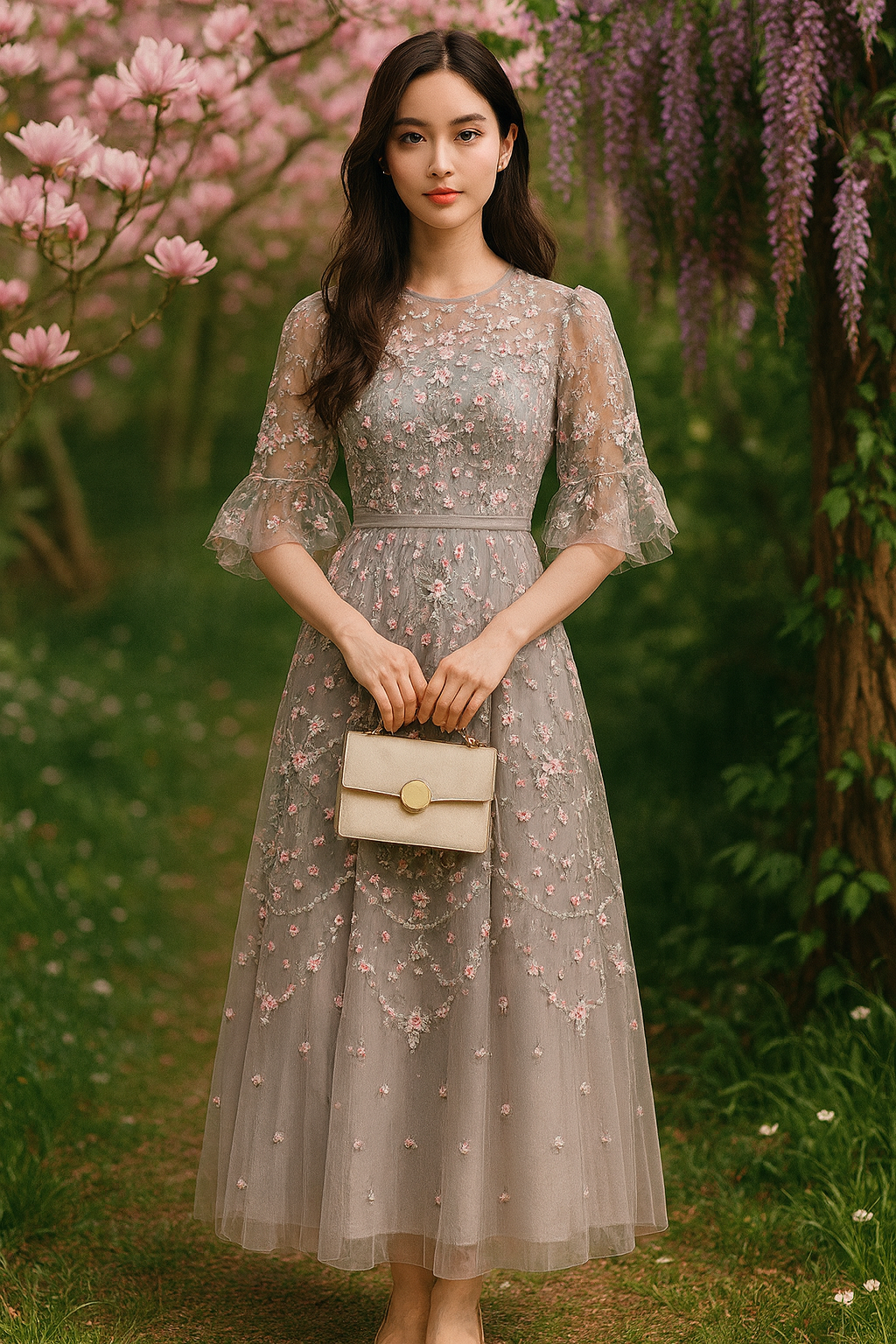 UV ATELIER Luxe Embroidered Flutter-Sleeve Dress