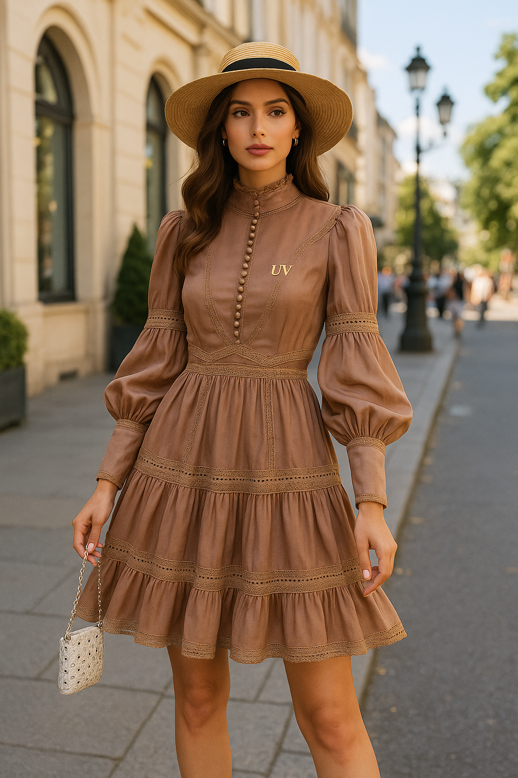 UV ATELIER Embroidered Crochet Mini Shirt Dress