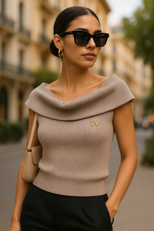 UV ATELIER Minimalist Asymmetric Off-Shoulder Knit T-Shirt