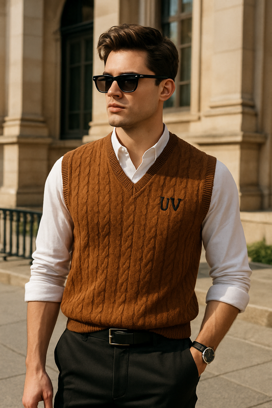UV ATELIER – Jacquard Check Knit V-Neck Men’s Vest