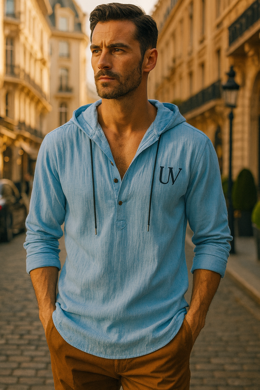 UV ATELIER  Linen Henley Hoodie – Lightweight Casual