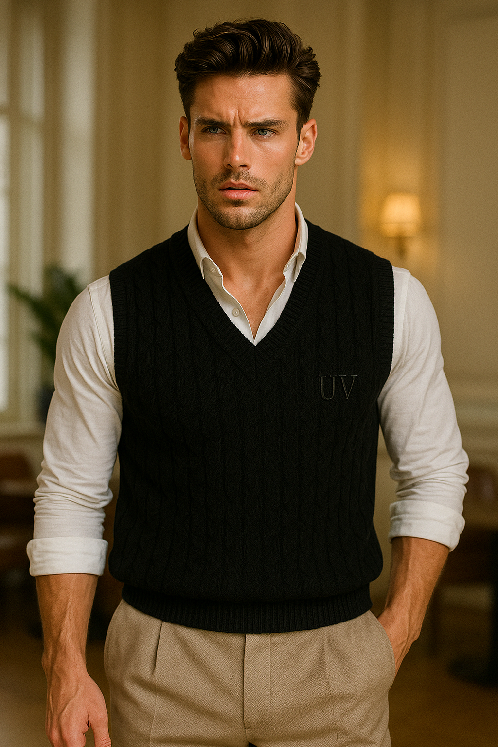 UV ATELIER – Jacquard Check Knit V-Neck Men’s Vest