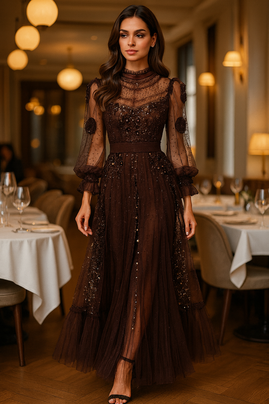 UV ATELIER DEAT Elegant Sequin Embroidered Gauze Dress – 2025 Autumn Evening Wear