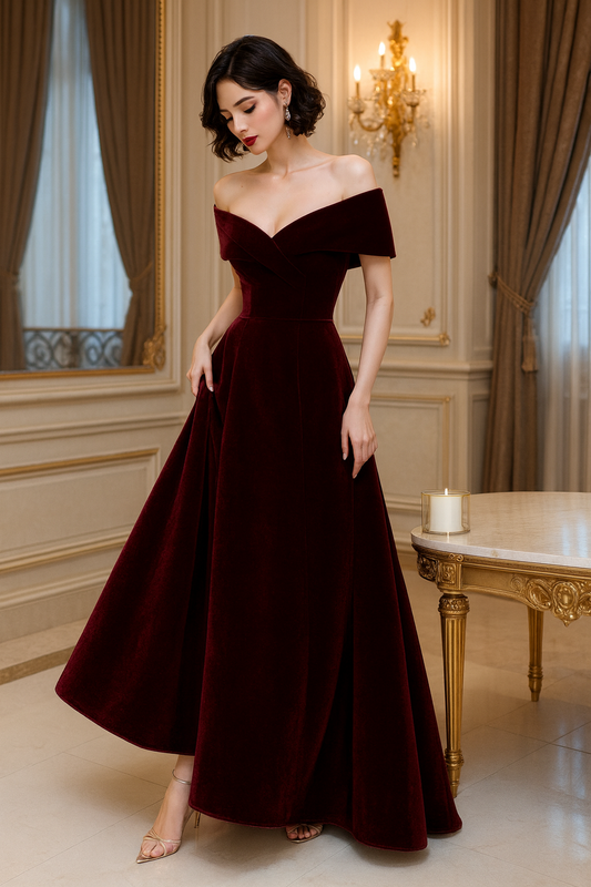UV ATELIER – Spring Long Velvet Off-Shoulder Evening Dress