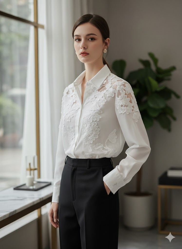 UV Atelier – Luxury Lace Embroidered Long Sleeve Blouse