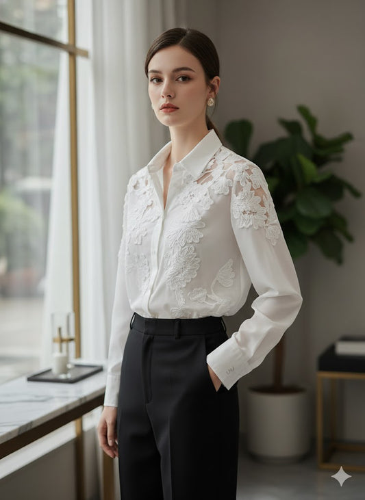 UV Atelier – Luxury Lace Embroidered Long Sleeve Blouse