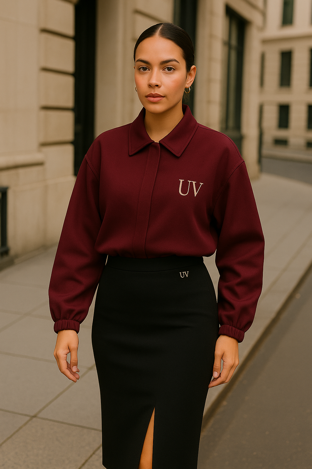 UV ATELIER High-Waisted Split Pencil Skirt – Fall 2025