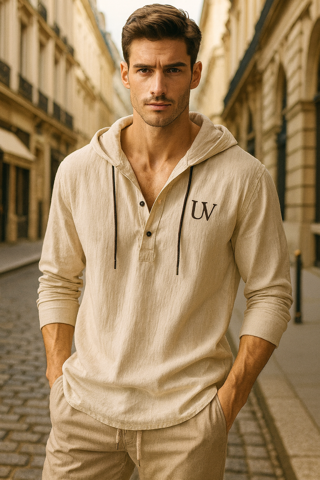 UV ATELIER  Linen Henley Hoodie – Lightweight Casual