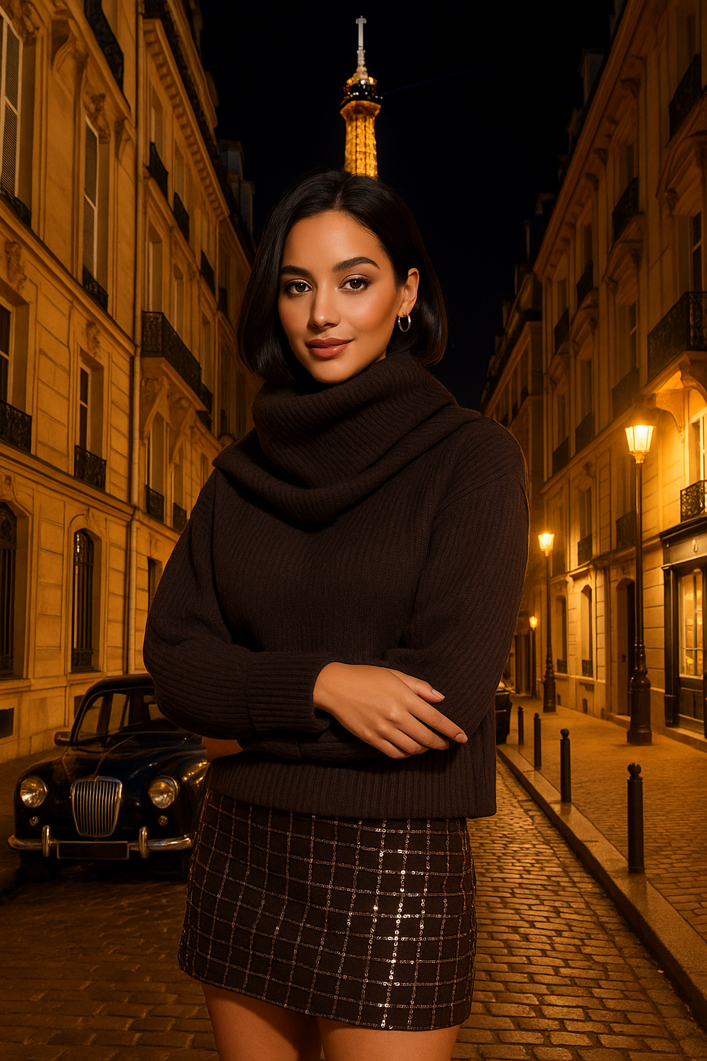 UV ATELIER – Brown Turtleneck Knit Sweater with Scarf Collar