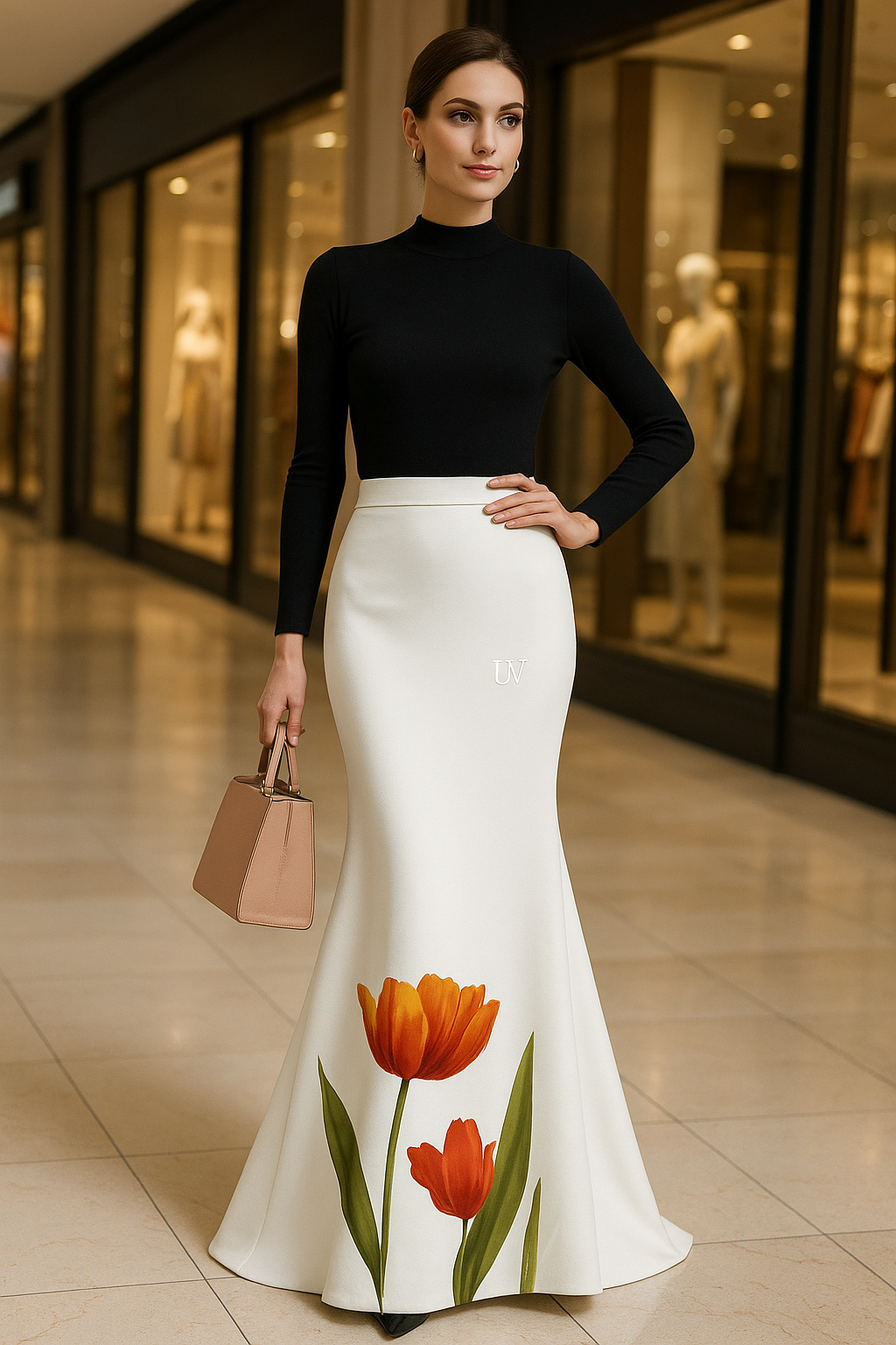2025  UV ATELIER White Floral Print Mermaid Maxi Skirt