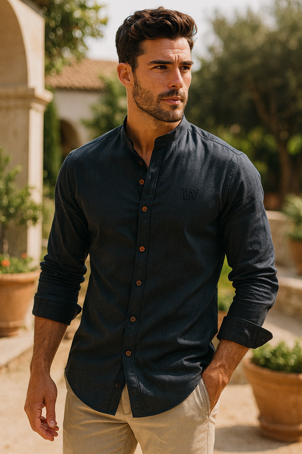 UV ATELIER – Men’s Linen Cotton Stand-Collar Shirt