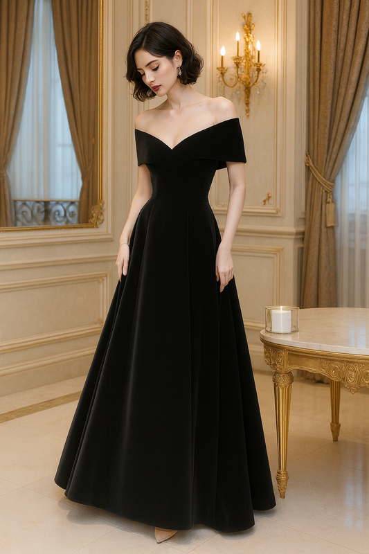 UV ATELIER – Spring Long Velvet Off-Shoulder Evening Dress