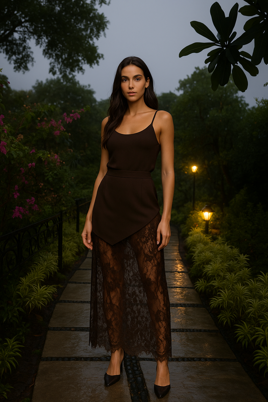 UV ATELIER Brown Boho Lace Party Maxi Skirt