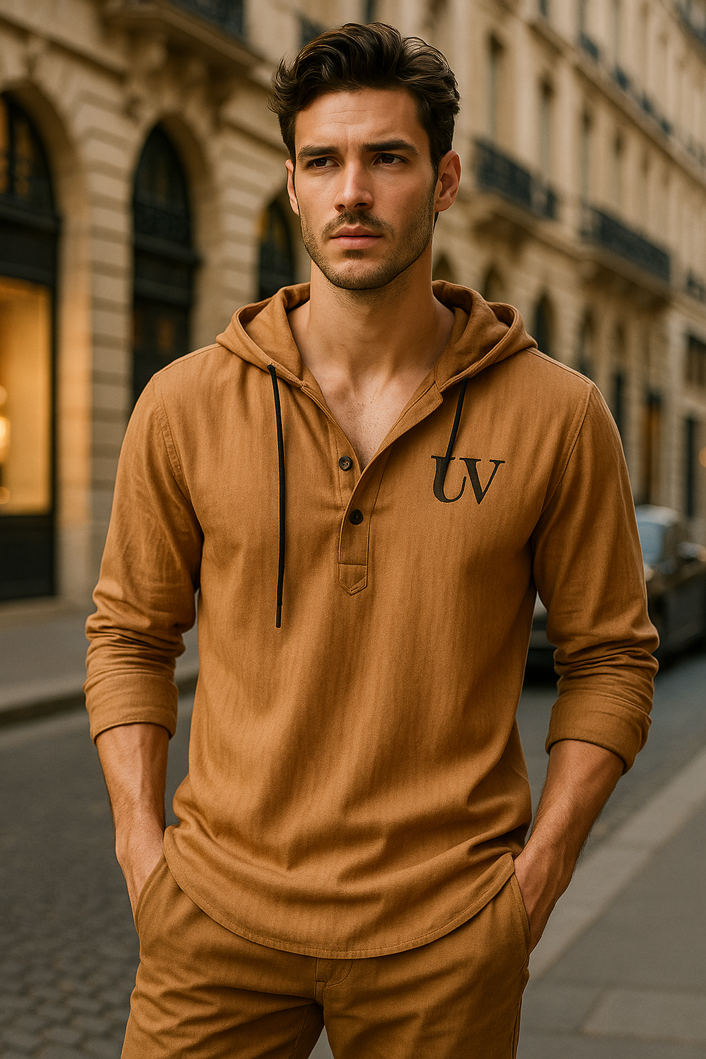 UV ATELIER  Linen Henley Hoodie – Lightweight Casual