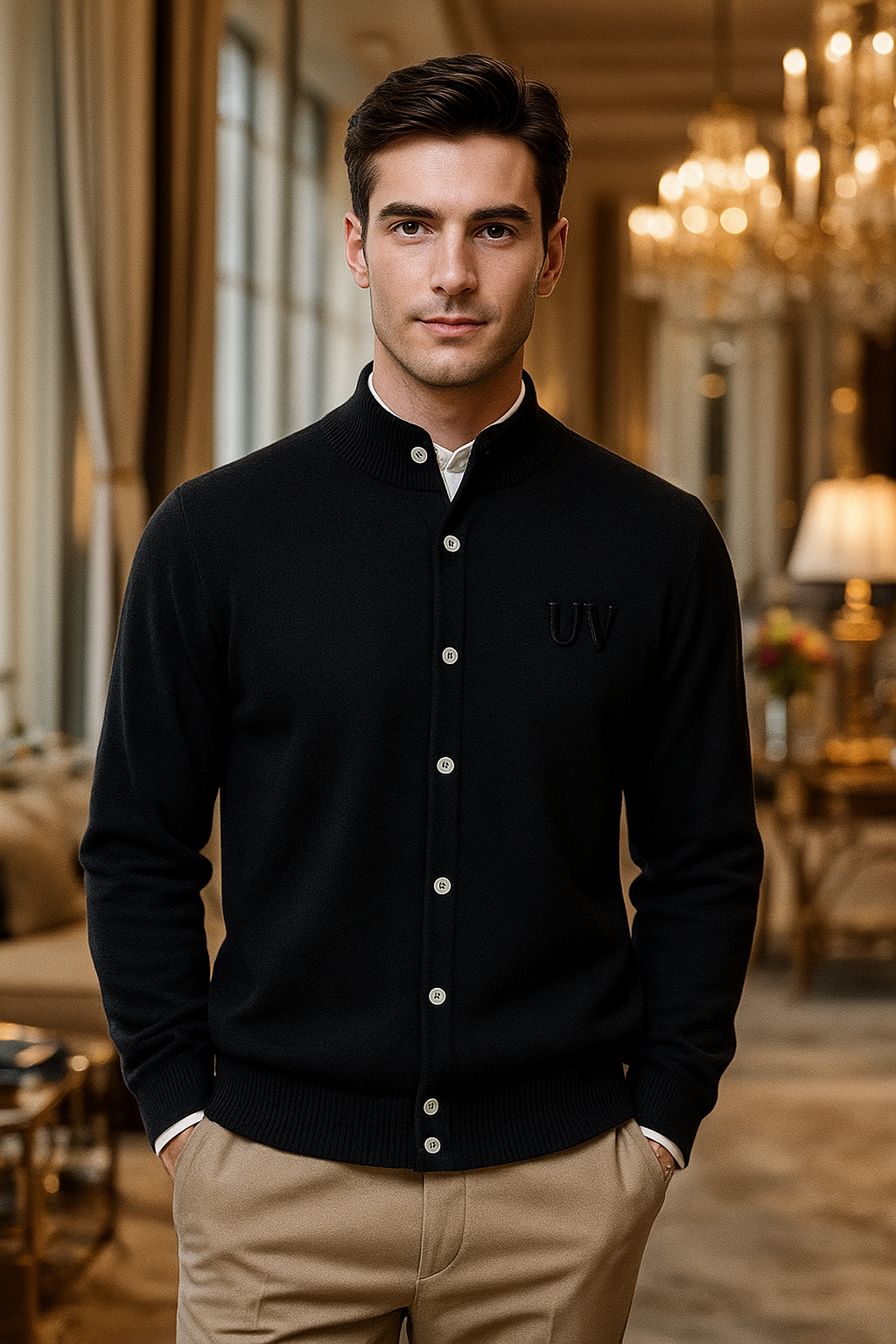 UV ATELIER Men’s Pure Cashmere High-Neck Buttoned Cardigan