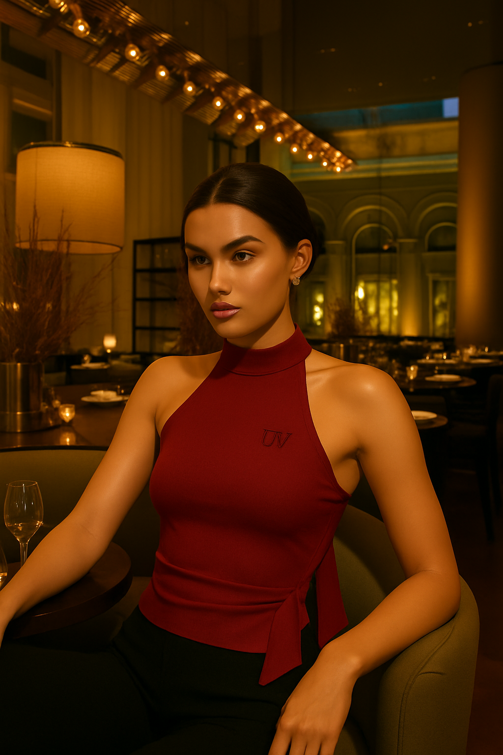 UV ATELIER – Sexy High-Neck Belt Detail Fitted Top