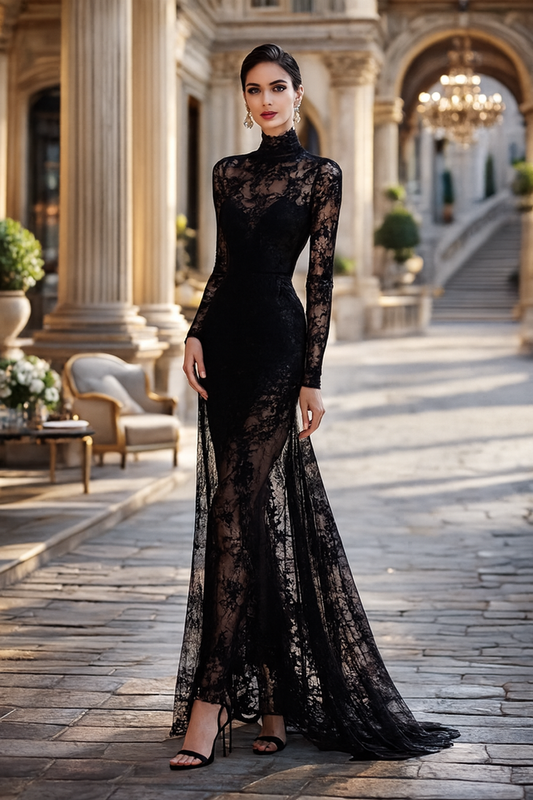 UV ATELIER Elegant Vintage Lace Slim-Fit Long Sleeve Dress