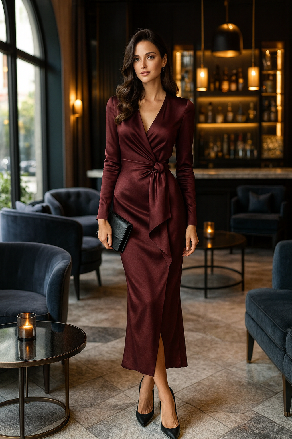 UV ATELIER – Elegant Satin Long Sleeve V-Neck Dress