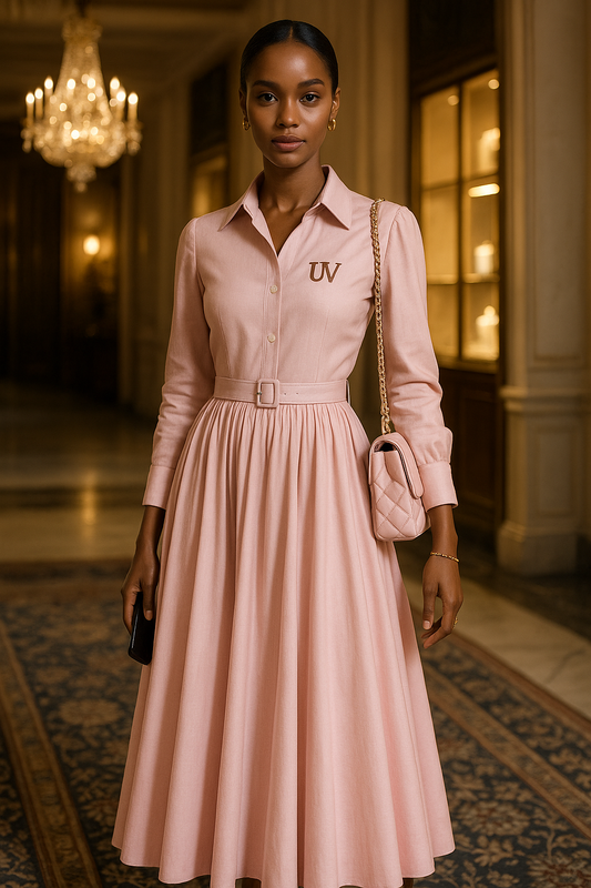 UV ATELIER – Belted Pleated Long-Sleeve Button Maxi Dress