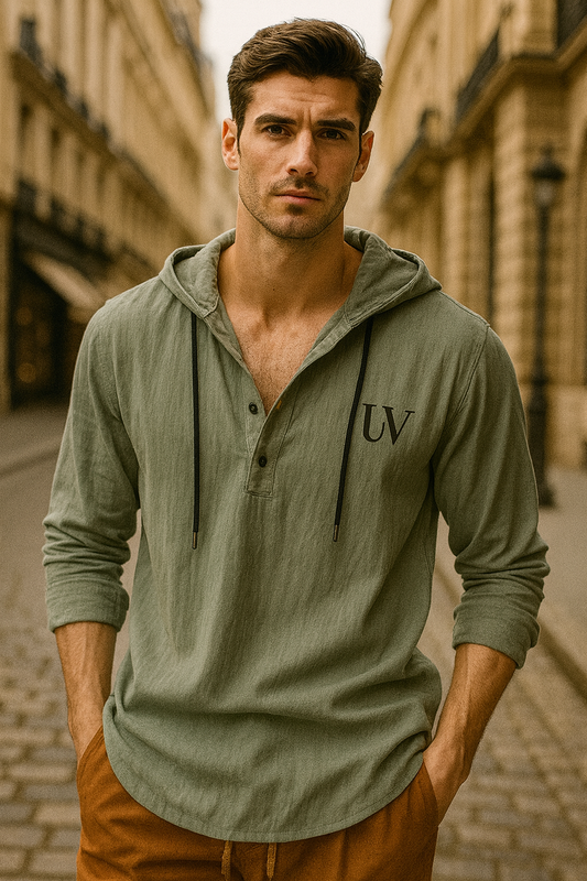 UV ATELIER  Linen Henley Hoodie – Lightweight Casual