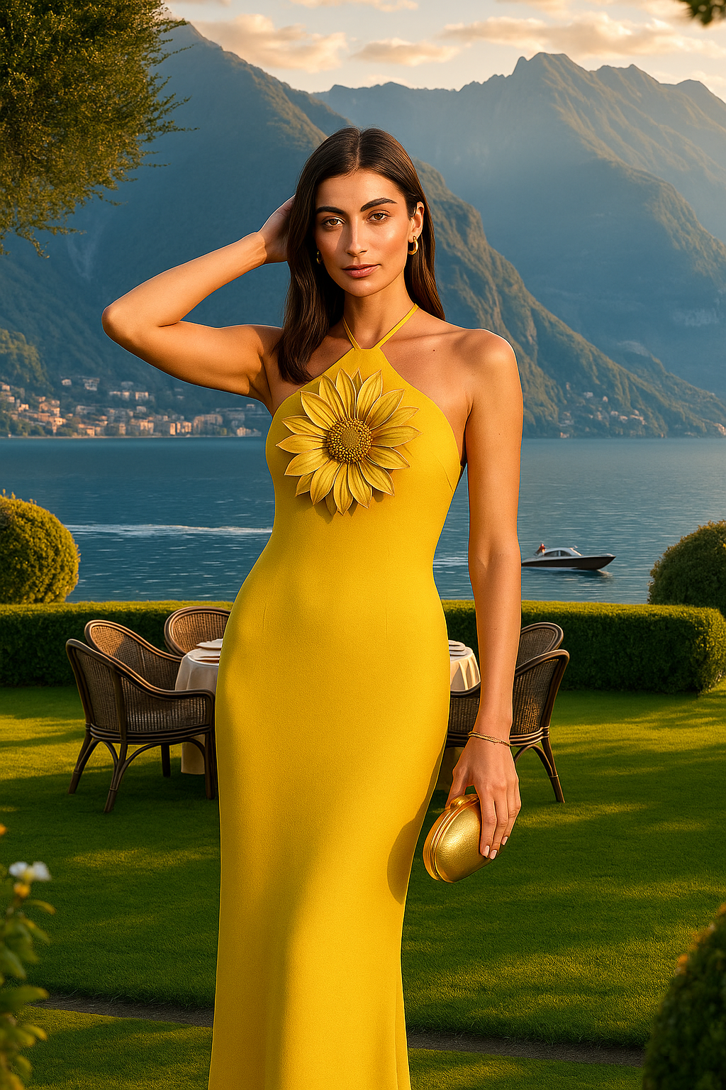 UV ATELIER – Slim Halter Dress with 3D Floral Detail