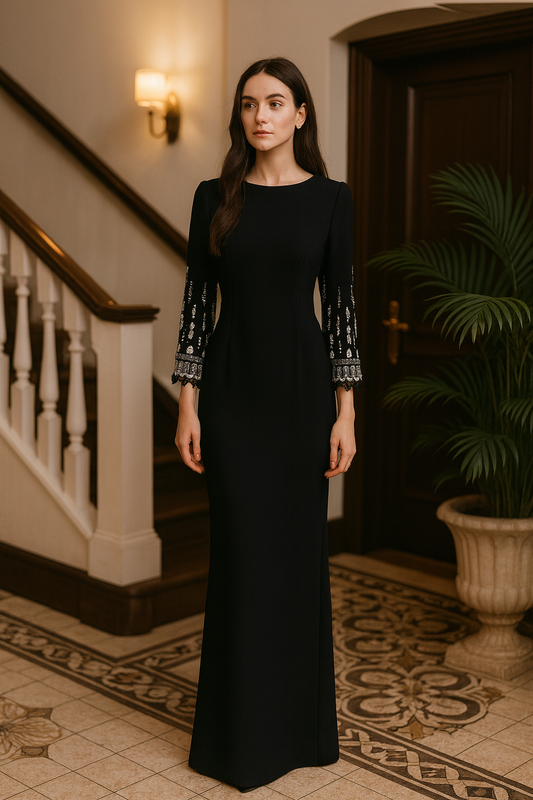 UV ATELIER – Elegant Long Dress with Beaded Diamond Sleeves
