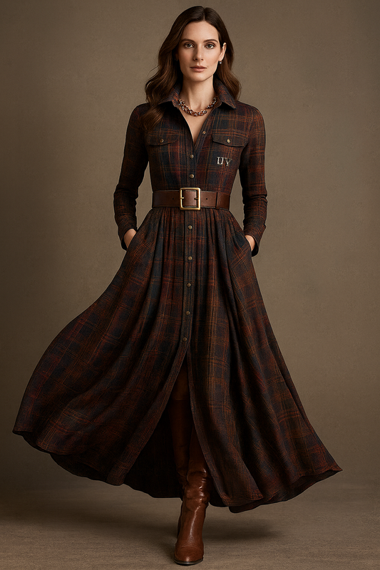 UV ATELIER European-American Checkered Shirt Maxi Dress
